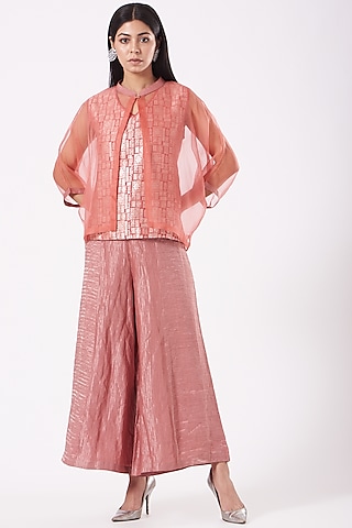 Wood Pink Printed Textured Jacket Set by Bodhi Tree by Deepika and Neha