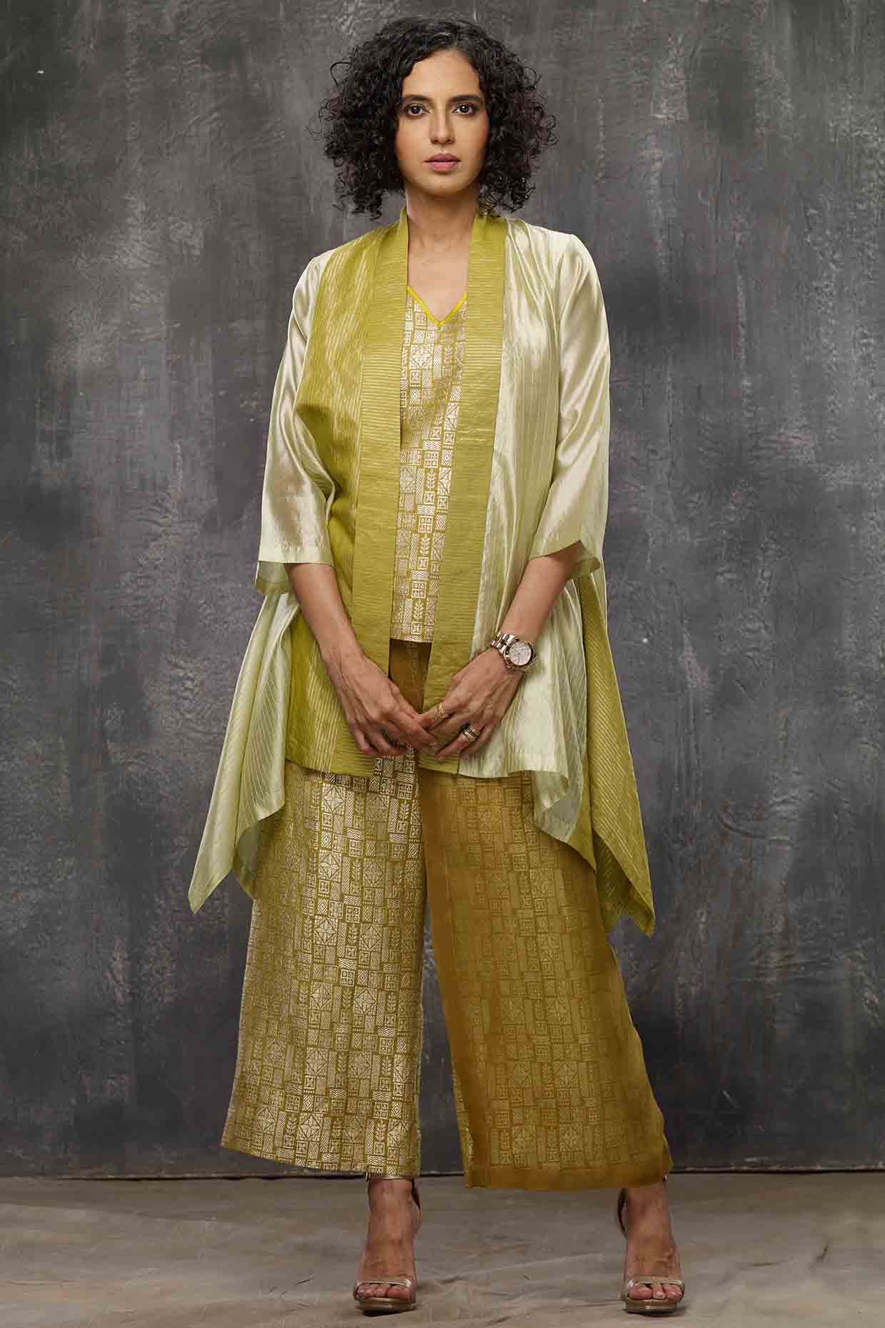 Acid Yellow Color Blocked Jacket Set by Bodhi Tree by Deepika and Neha at Pernia's Pop Up Shop
