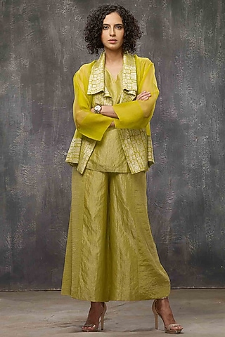 Acid Yellow Floral Jacket Set by Bodhi Tree by Deepika and Neha