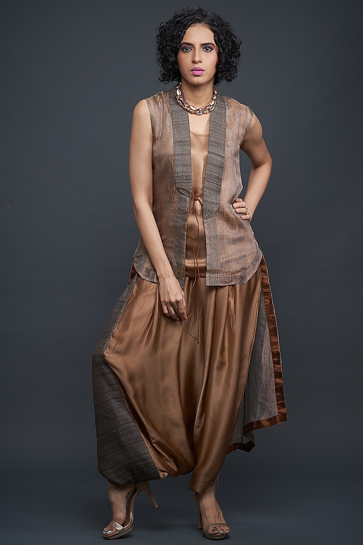 Bronze & Black Gauze Zari Jacket Set by Bodhi Tree