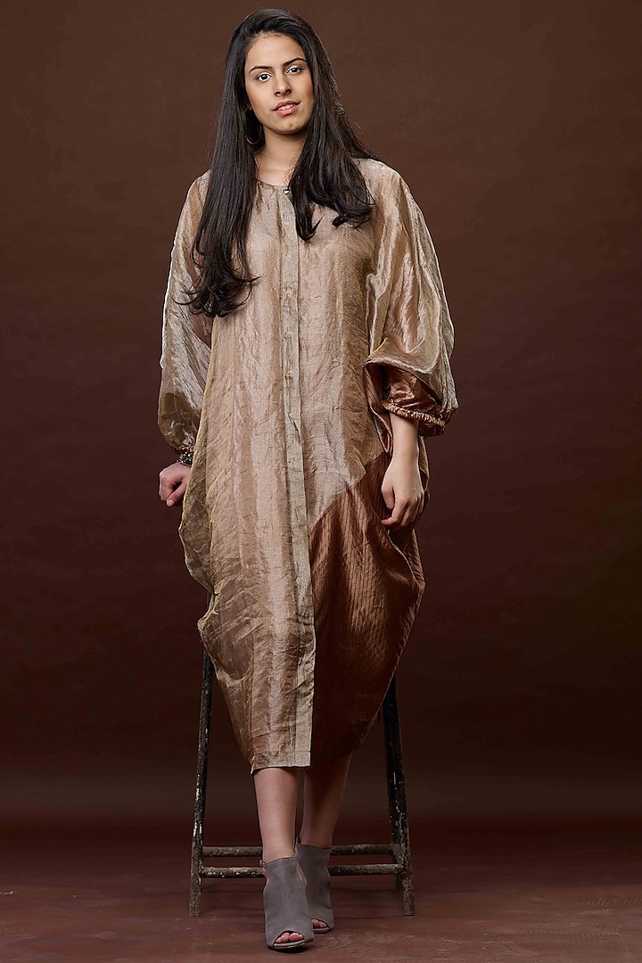 Bronze Gauze Zari Dress With Slip by Bodhi Tree