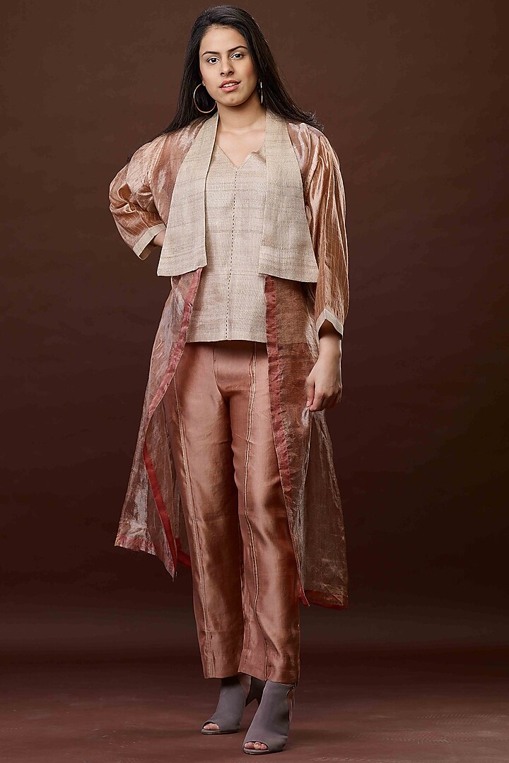 Bronze & Beige Zari Jacket Set by Bodhi Tree