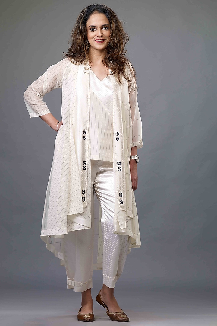 Ivory Striped & Checkered Jacket Set by BODHI TREE BY DEEPIKA AND NEHA