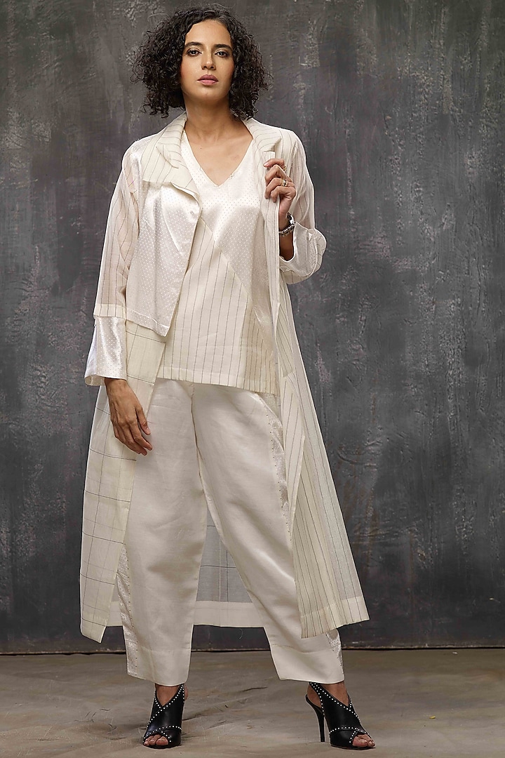 Ivory Striped & Checkered Trench Jacket Set by Bodhi Tree by Deepika and Neha at Pernia's Pop Up Shop