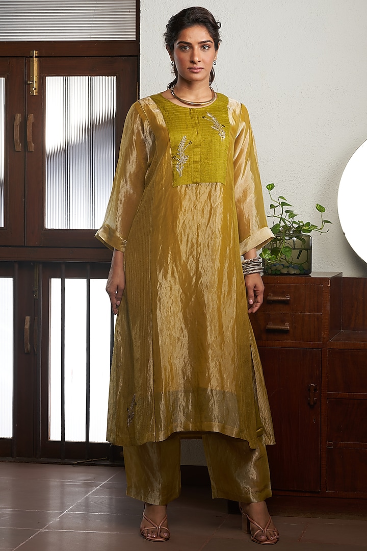 Olive Green Embroidered Kurta Set by BODHI TREE BY DEEPIKA AND NEHA