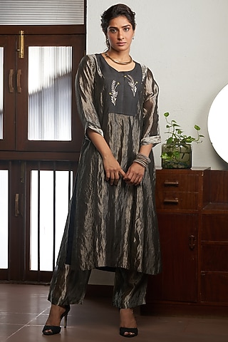 Charcoal Black Embroidered Kurta Set by Bodhi Tree by Deepika and Neha