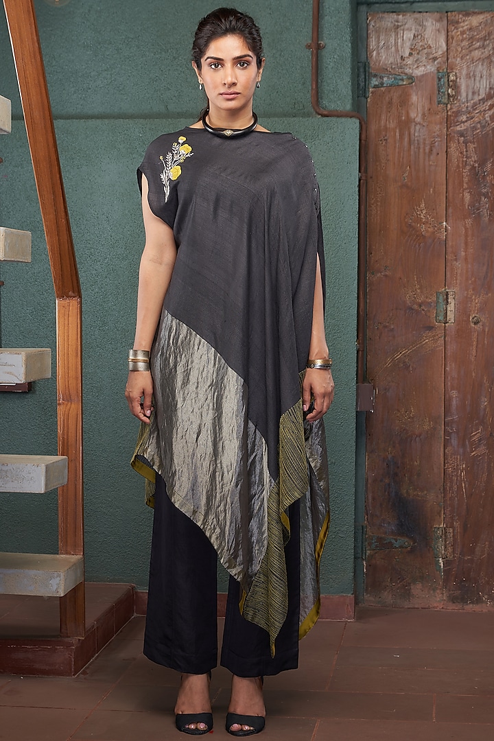 Black Silk & Tussar Pant Set by BODHI TREE BY DEEPIKA AND NEHA