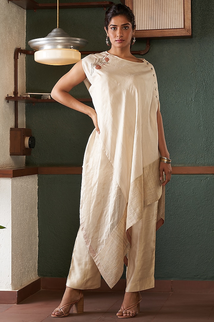 Beige Silk & Tussar Pant Set by BODHI TREE BY DEEPIKA AND NEHA