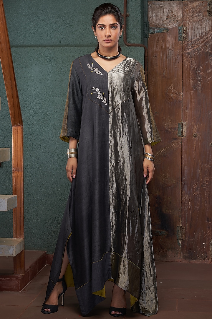 Charcoal Black Silk A-line Kaftan by BODHI TREE BY DEEPIKA AND NEHA