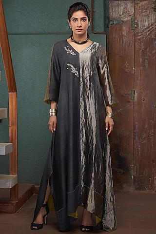 Charcoal Black Silk A-line Kaftan by Bodhi Tree by Deepika and Neha