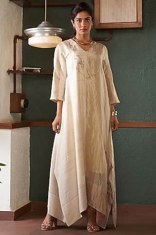 Beige Silk A-line Kaftan by Bodhi Tree by Deepika and Neha