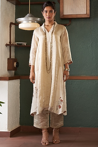 Beige A-Line Printed Kurta Set by Bodhi Tree by Deepika and Neha