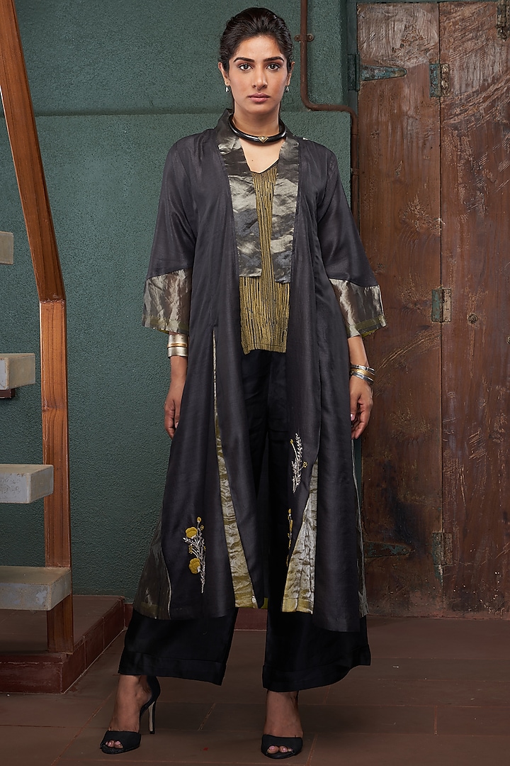 Charcoal Silk & Tussar Jacket Set by BODHI TREE BY DEEPIKA AND NEHA