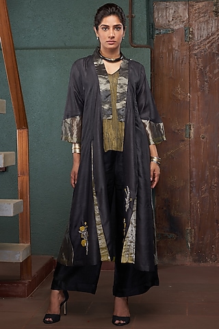 Charcoal Silk & Tussar Jacket Set by Bodhi Tree by Deepika and Neha