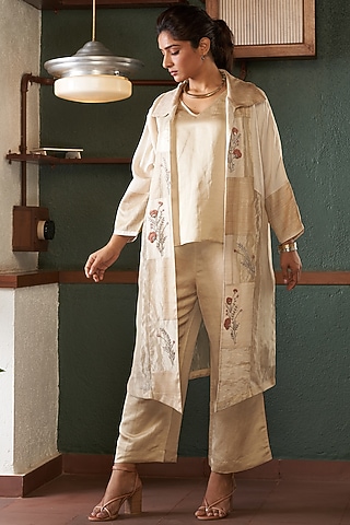 Beige Embroidered Jacket Set by Bodhi Tree by Deepika and Neha