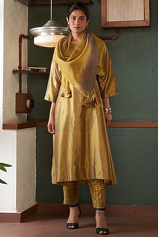 Mustard Silk A-line Kurta Set by Bodhi Tree by Deepika and Neha