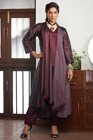 Wine Silk Flared Jacket Set by Bodhi Tree by Deepika and Neha