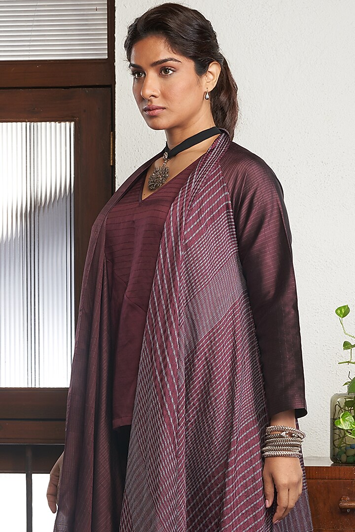 Wine Silk Flared Jacket Set by Bodhi Tree by Deepika and Neha at Pernia's Pop Up Shop