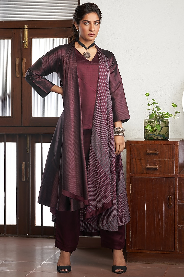 Wine Silk Flared Jacket Set by Bodhi Tree by Deepika and Neha at Pernia's Pop Up Shop