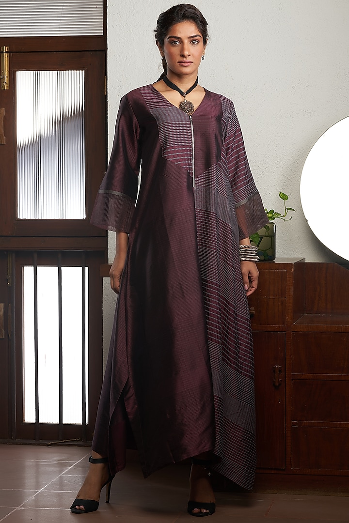 Wine Silk Color-Blocked Tunic by BODHI TREE BY DEEPIKA AND NEHA