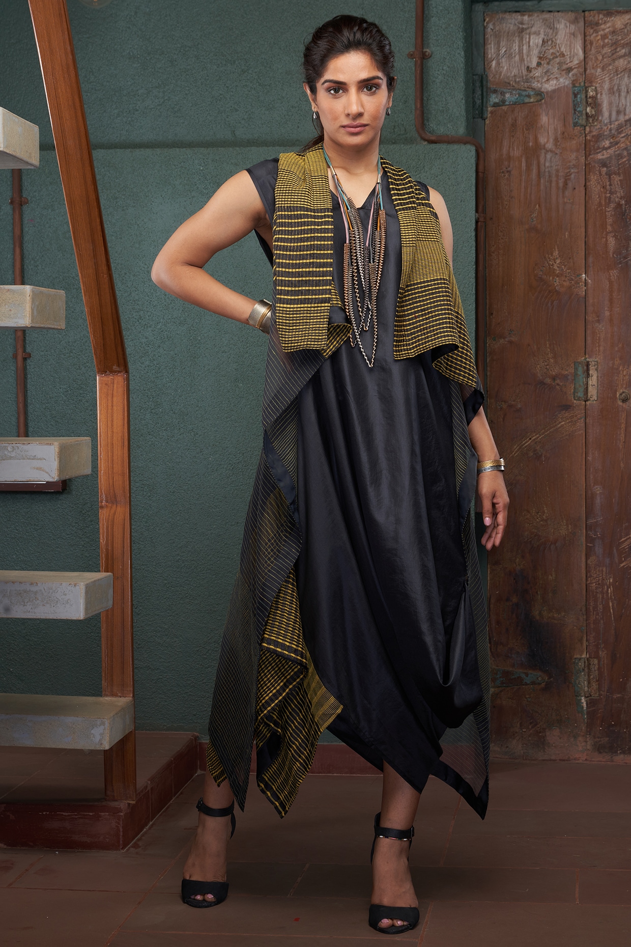 Black Self-Designed Dobby Woven Fit and Flare Ethnic Dress– Inddus.in