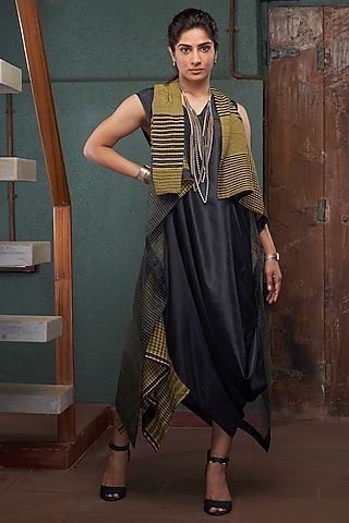 Black & Olive Silk Jacket Dress by Bodhi Tree by Deepika and Neha