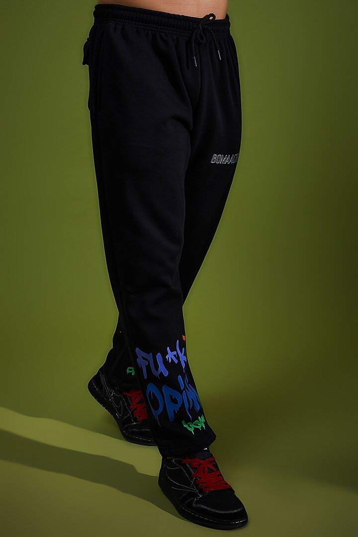 Black Cotton Printed Joggers by BOMAACHI at Pernia's Pop Up Shop