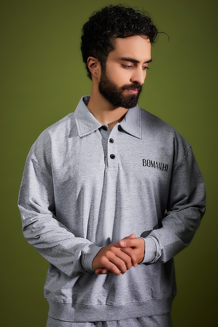 Grey Cotton Printed Polo T-Shirt by BOMAACHI at Pernia's Pop Up Shop