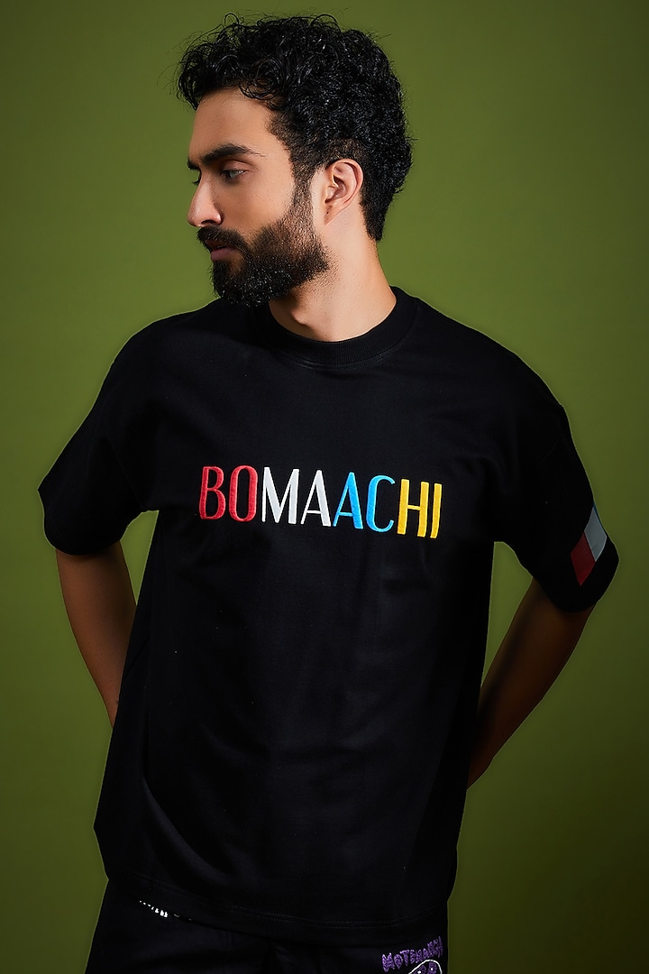 Black Cotton Printed T-Shirt by BOMAACHI
