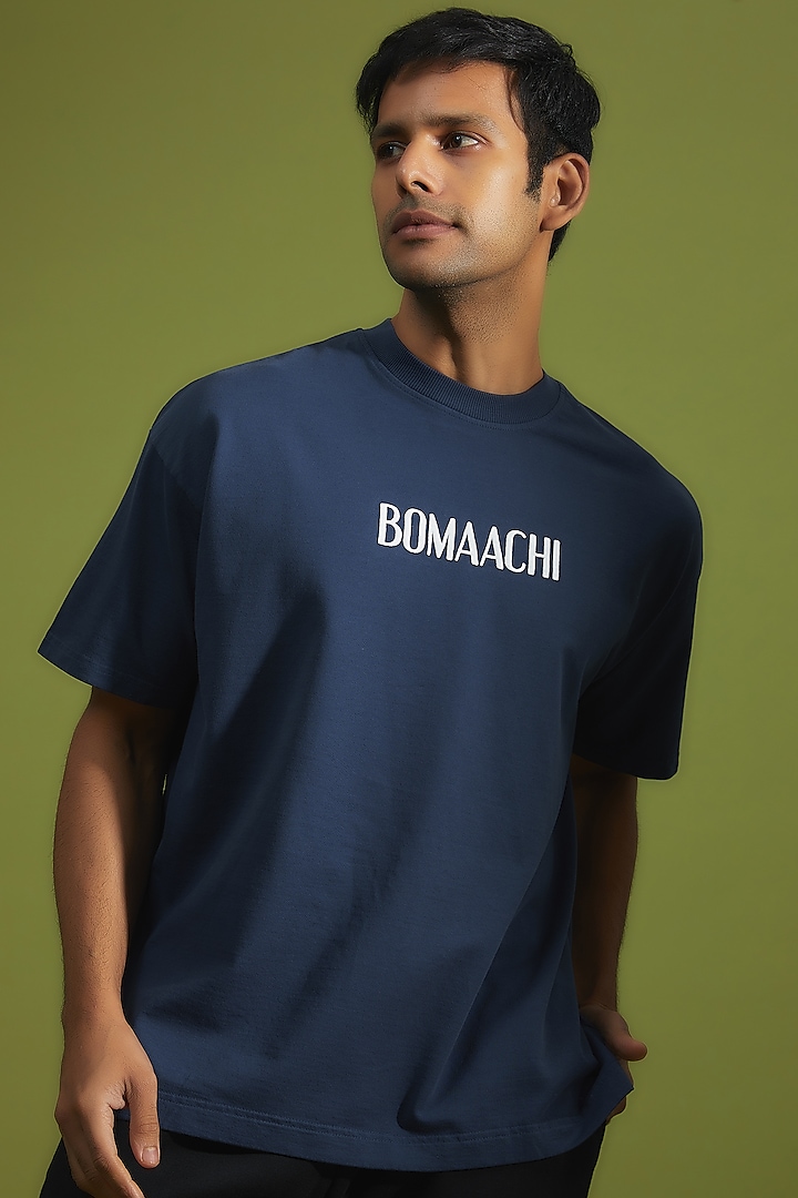 Dark Teal Cotton Printed T-Shirt by BOMAACHI
