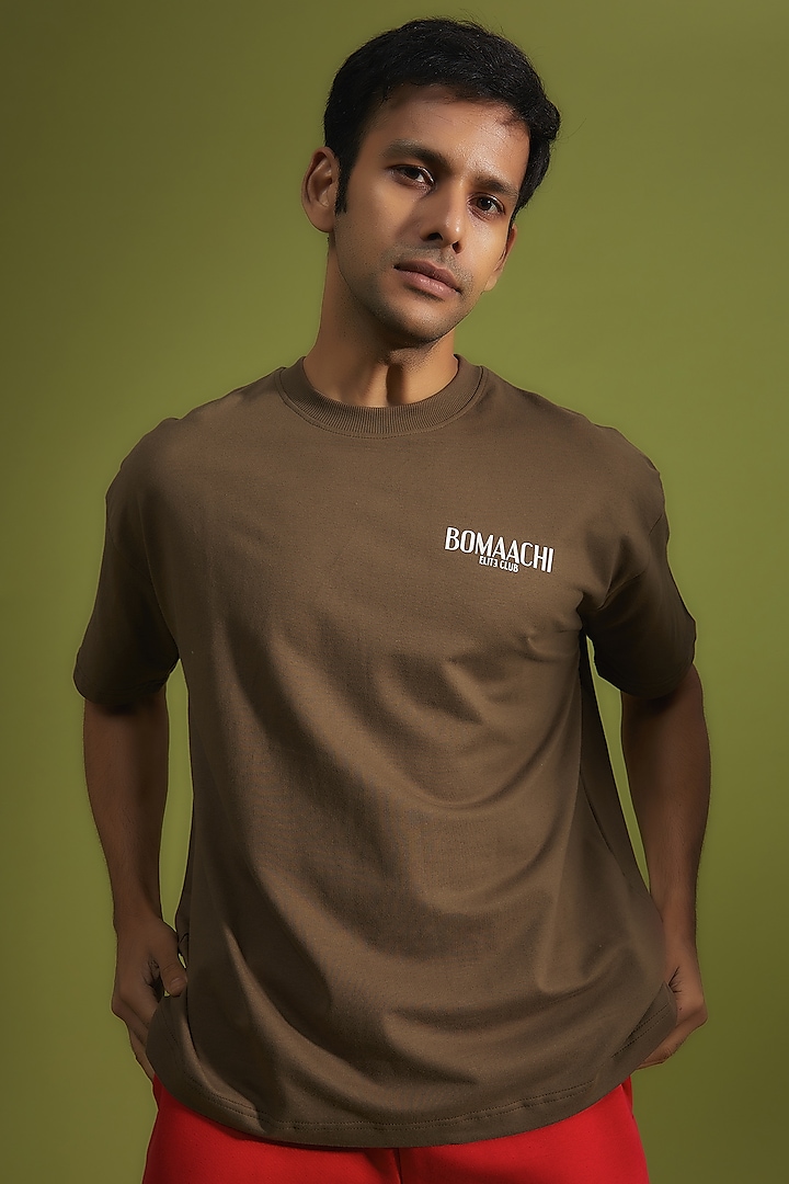 Brown Cotton Printed T-Shirt by BOMAACHI