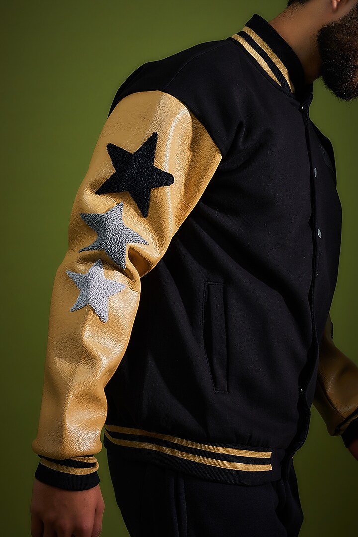 Black Cotton Printed Varsity Jacket by BOMAACHI at Pernia's Pop Up Shop