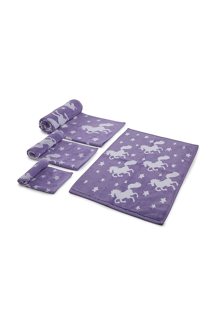 Purple Cotton Jacquard Towels (Set of 4) by Bonheur