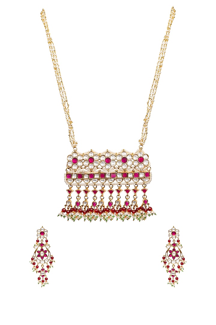 Gold Plated Kundan Polki Necklace Set In Mixed Metal by Bombay Polki