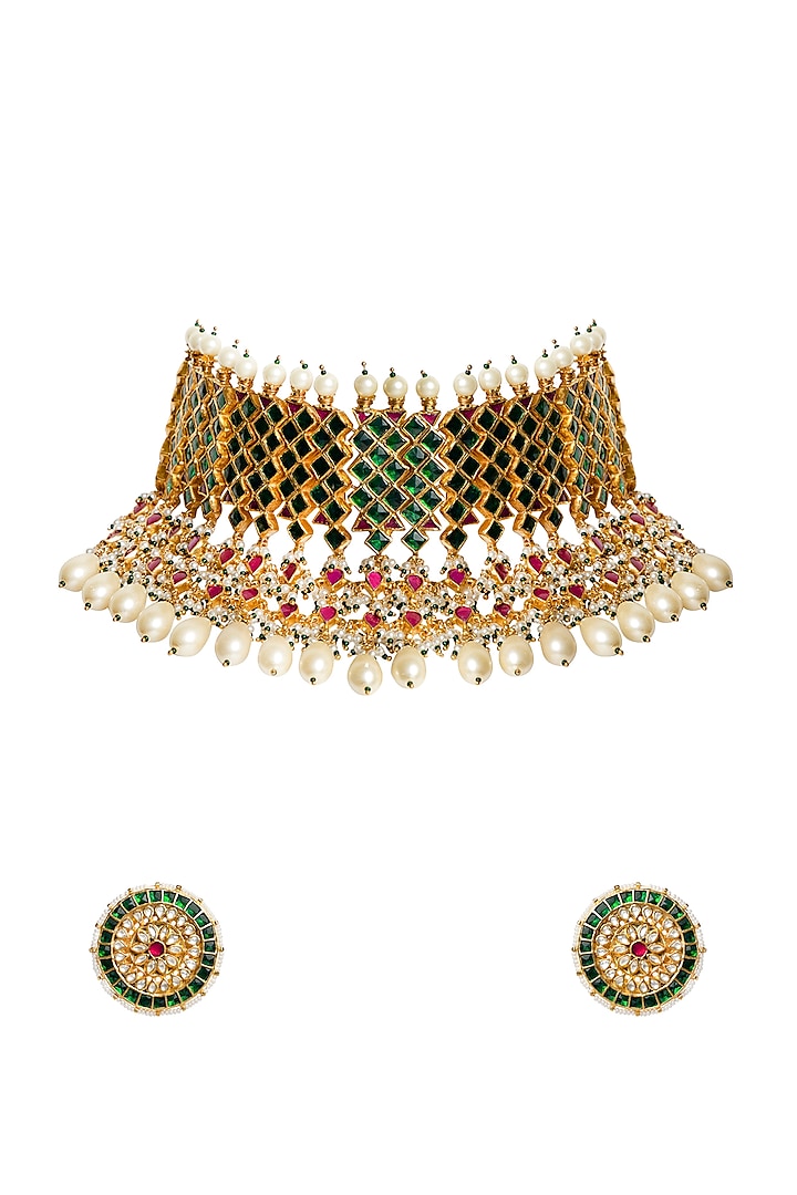 Gold Plated Necklace Set With Green Kundan Polki by Bombay Polki