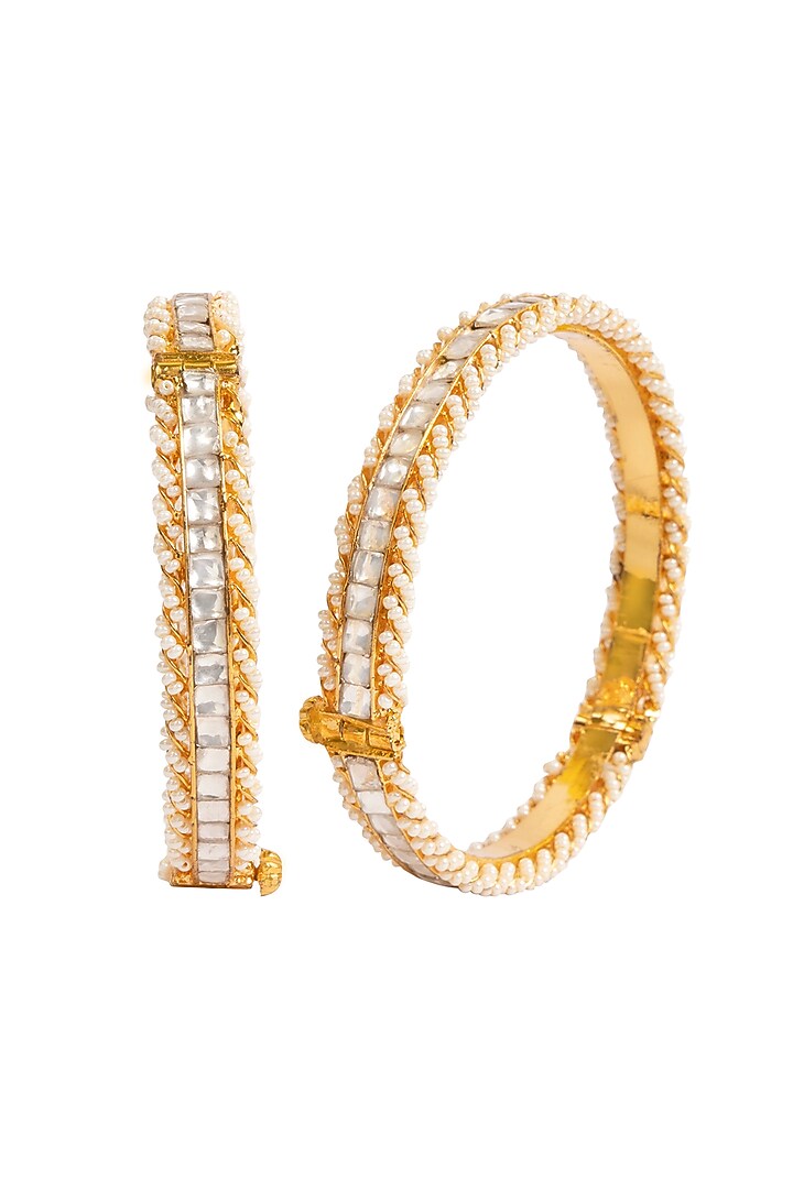 Gold Plated White Kundan Polki Bangles (Set of 2) by Bombay Polki at Pernia's Pop Up Shop