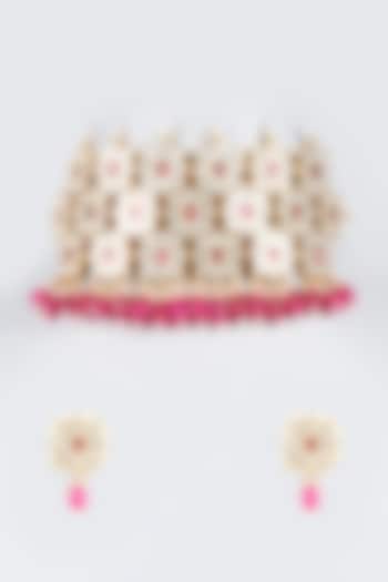 Micro Gold Plated Pink Semi-Precious Beaded Choker Necklace Set by Bombay Polki