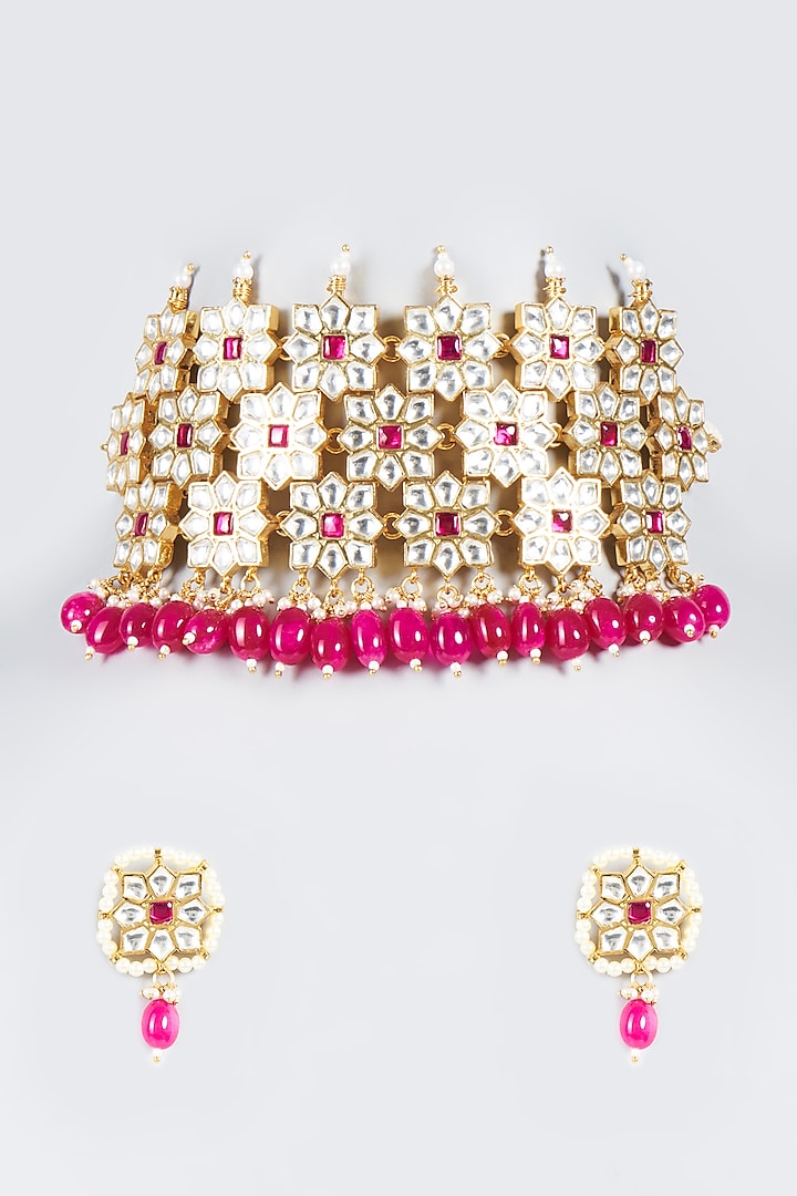 Micro Gold Plated Pink Semi-Precious Beaded Choker Necklace Set by Bombay Polki
