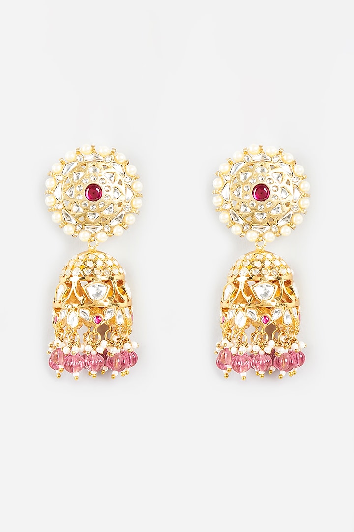 Micro Gold Plated Pink Semi-Precious Beaded Dangler Earrings by Bombay Polki