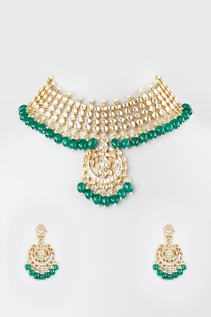 Micro Gold Plated Green Semi-Precious Beaded Necklace Set by Bombay Polki