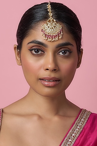 Gold Finish Kundan Polki & Pearl Maangtikka by Bombay Polki