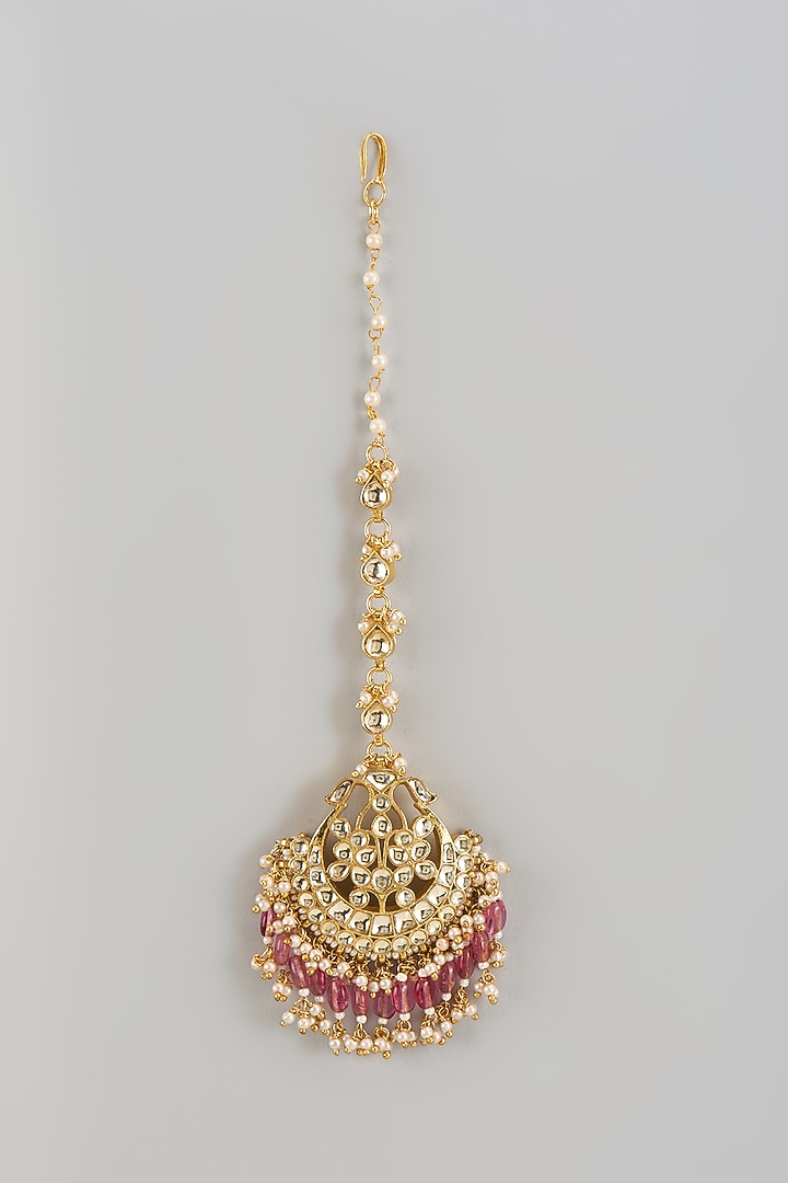 Gold Finish Kundan Polki & Pearl Maangtikka by Bombay Polki at Pernia's Pop Up Shop