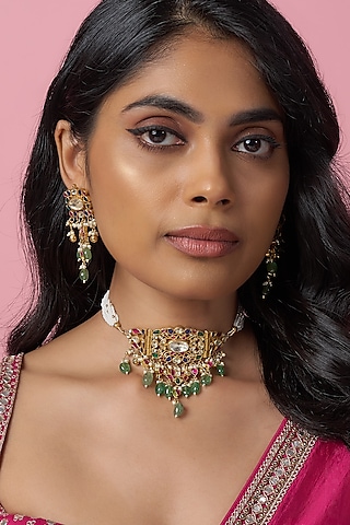 Gold Finish Kundan Polki & Jadtar Choker Necklace Set by Bombay Polki