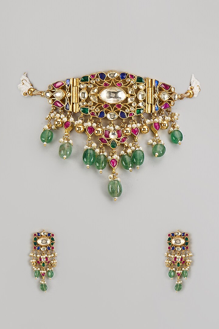 Gold Finish Kundan Polki & Jadtar Choker Necklace Set by Bombay Polki at Pernia's Pop Up Shop