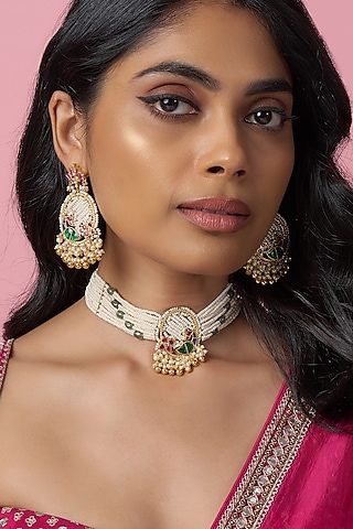 Gold Finish Kundan Polki & Pearl Choker Necklace Set by Bombay Polki