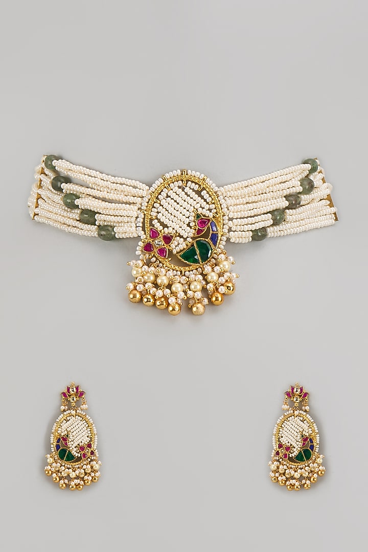 Gold Finish Kundan Polki & Pearl Choker Necklace Set by Bombay Polki at Pernia's Pop Up Shop