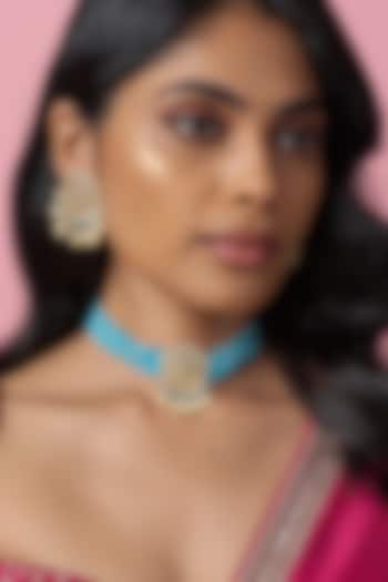 Gold Finish Kundan Polki & Turquoise Beaded Choker Necklace Set by Bombay Polki