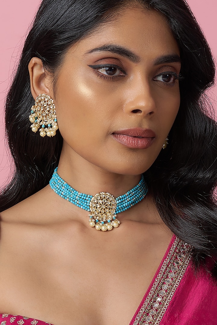 Gold Finish Kundan Polki & Turquoise Beaded Choker Necklace Set by Bombay Polki