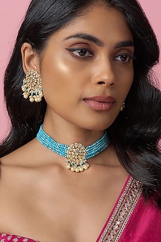 Gold Finish Kundan Polki & Turquoise Beaded Choker Necklace Set by Bombay Polki