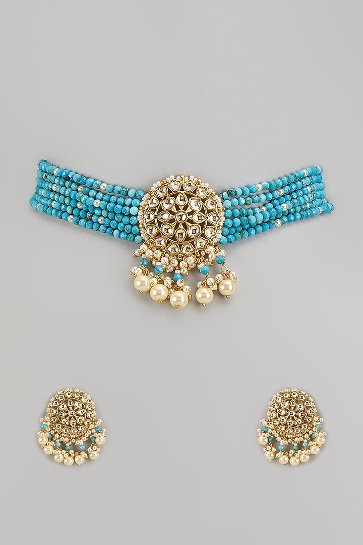 Gold Finish Kundan Polki & Turquoise Beaded Choker Necklace Set by Bombay Polki at Pernia's Pop Up Shop